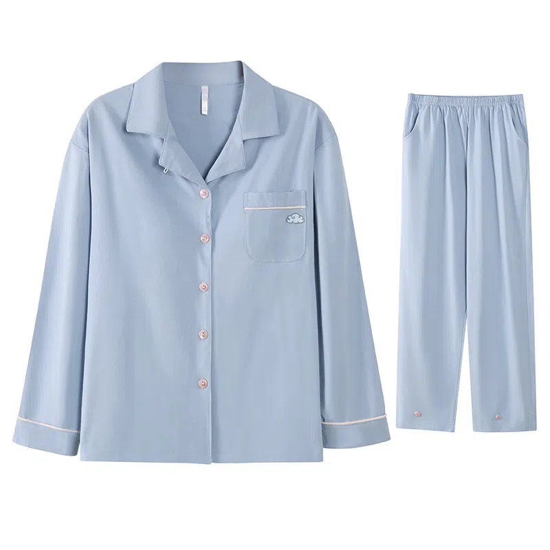 兰缪 纯棉长袖带胸垫简约舒适柔软亲肤睡衣套装 女款 图色