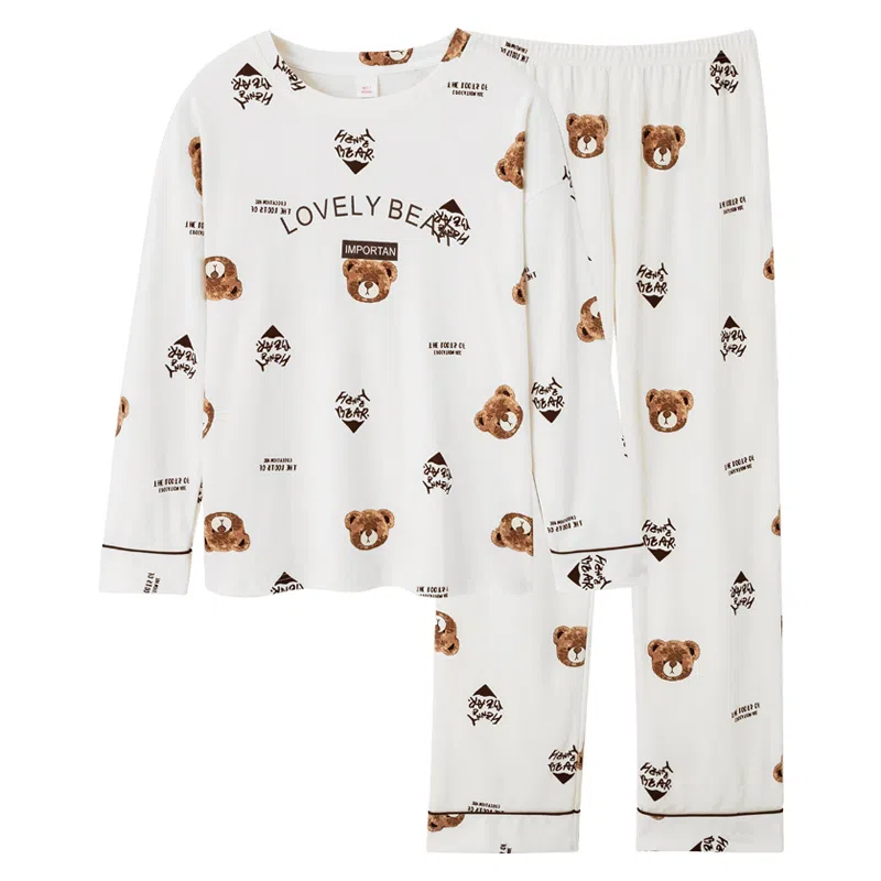 歌倩雅 纯棉长袖长裤休闲可外穿家居服睡衣套装 女 白色