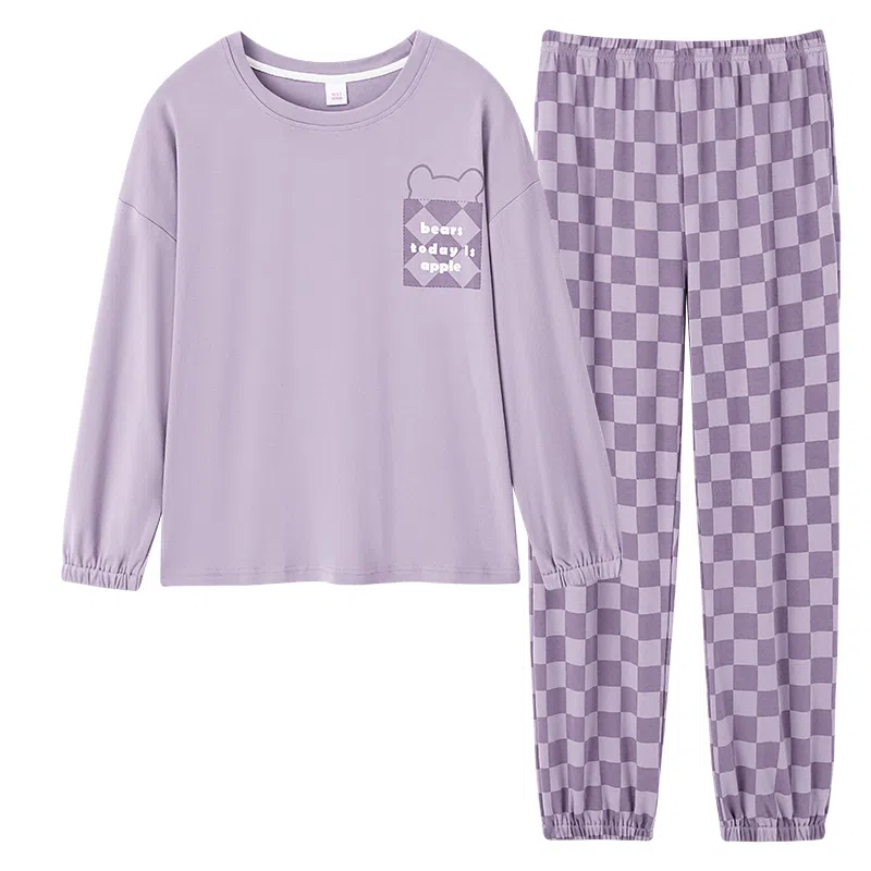 歌倩雅 简约纯色圆领长袖格子长裤可外出穿运动睡衣套装 女 紫色