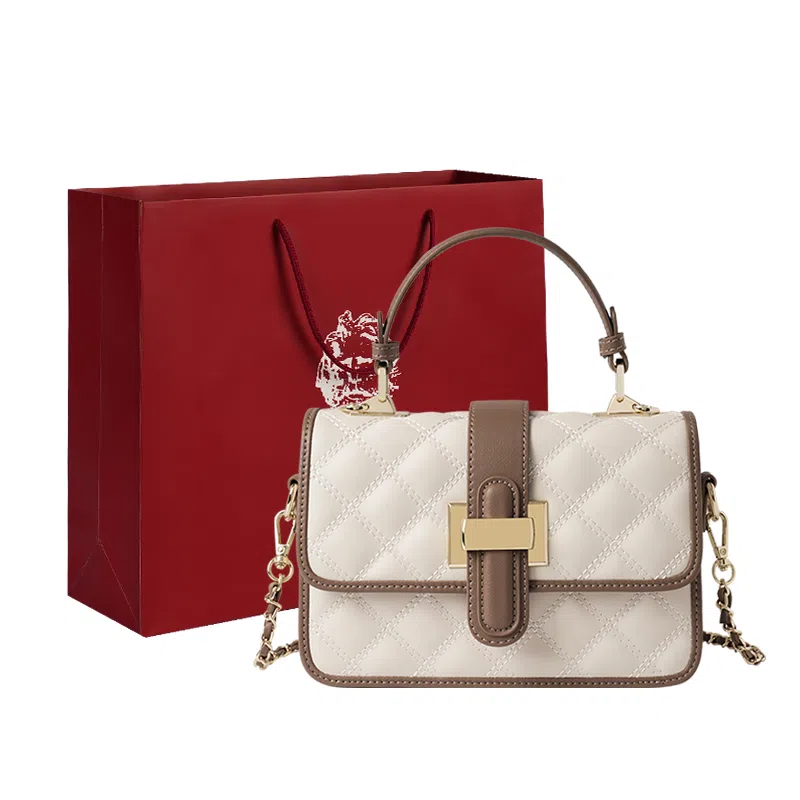 老人头 时尚百搭通勤简约菱格 合成革配牛皮 斜挎单肩包手提包 女 白色