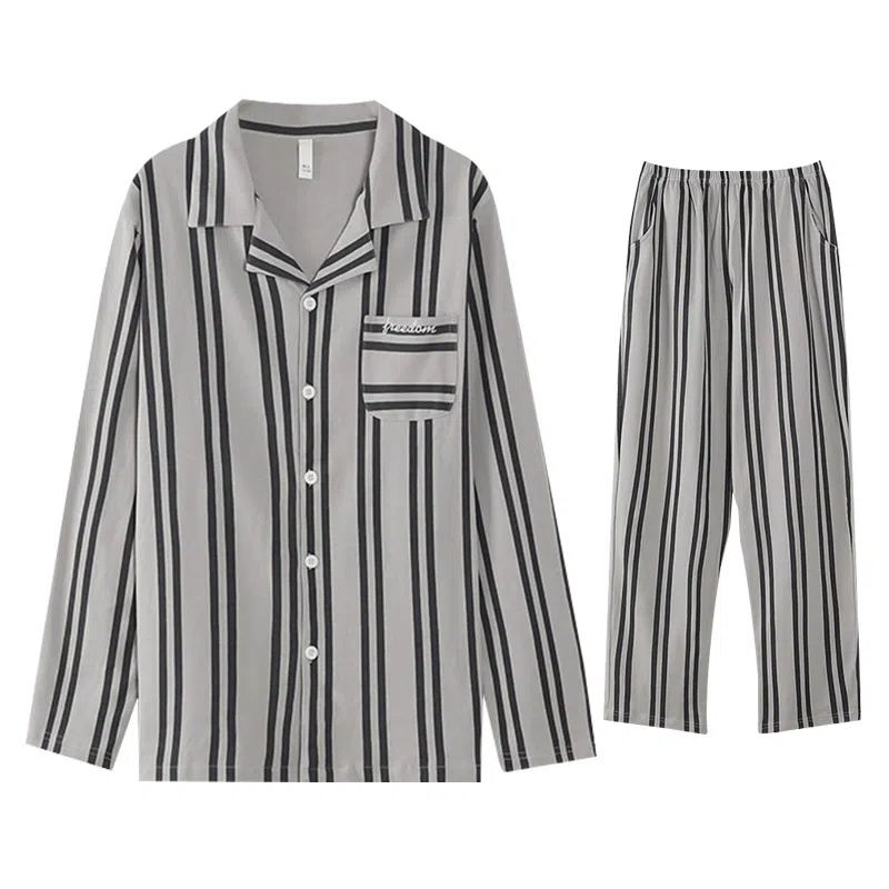 兰缪 纯棉长袖青少年学生开衫大码家居服春秋季睡衣套装 男 图片色