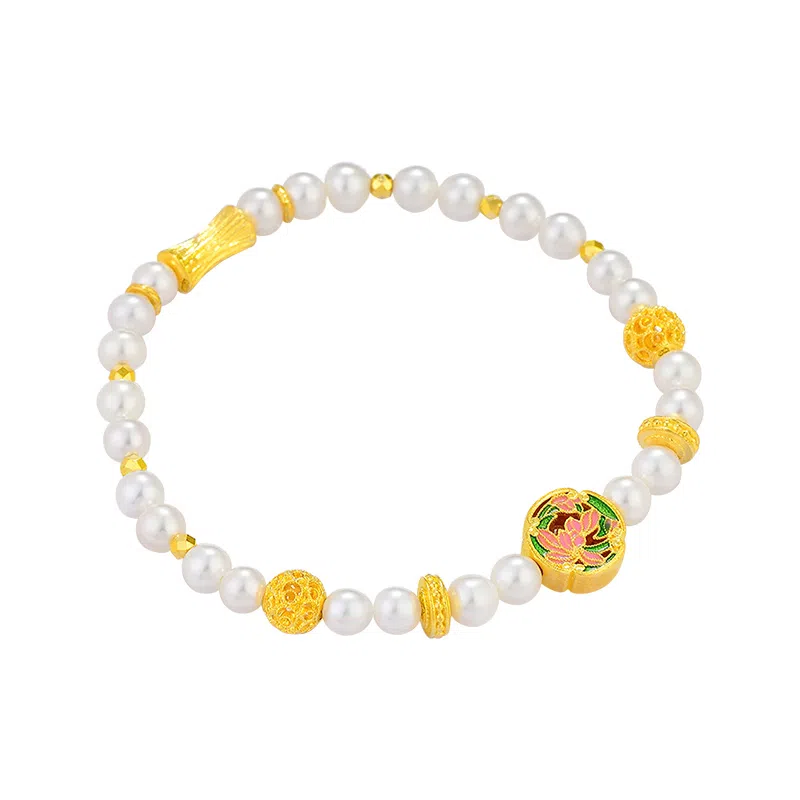 珍珠奥秘 足金 淡水珍珠 中式珐琅花手串手链 女 国风个性时尚优雅精致轻奢气质高端设计百搭日常通勤节日周年纪念生日礼品送漂亮女生