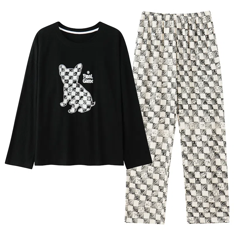 莫代尔 圆领简约舒适长袖上衣松紧腰长裤睡衣套装 女 黑色