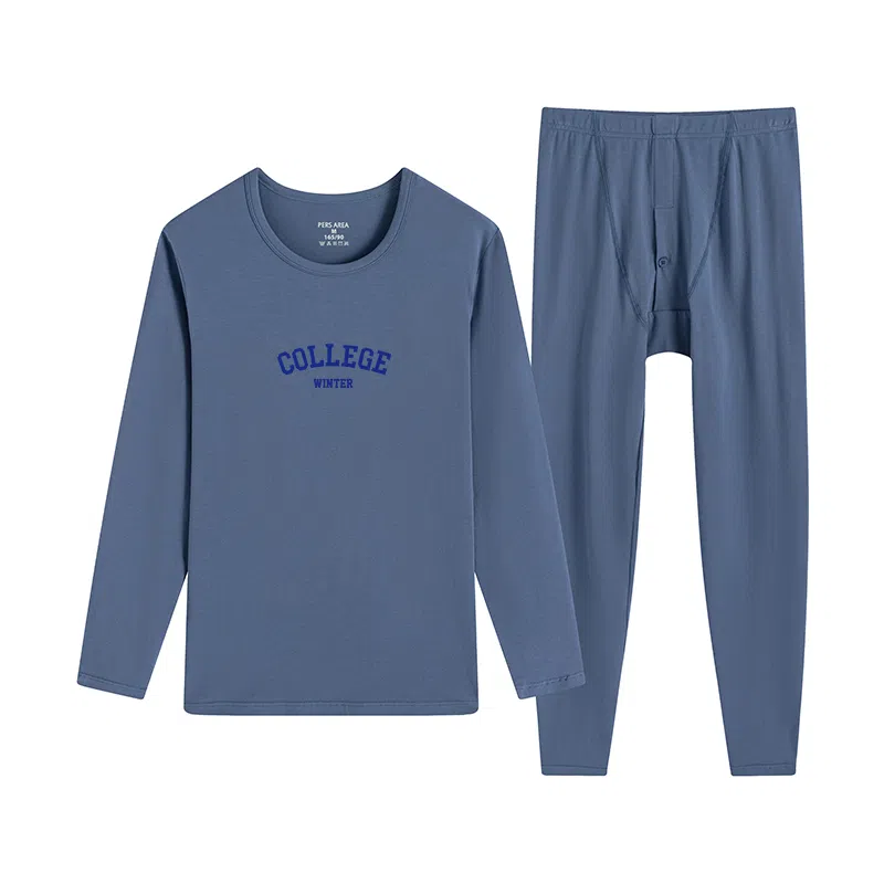 贴身领域 青少年学生青年纯棉时尚可外穿圆领长袖印花秋衣秋裤打底棉毛衫大学生高中生内衣保暖套装 男