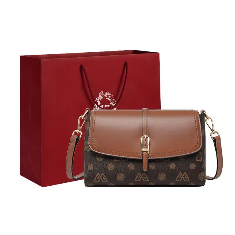 老人头 复古印花时尚百搭通勤 合成革 单肩包斜挎包 小号 女 咖色