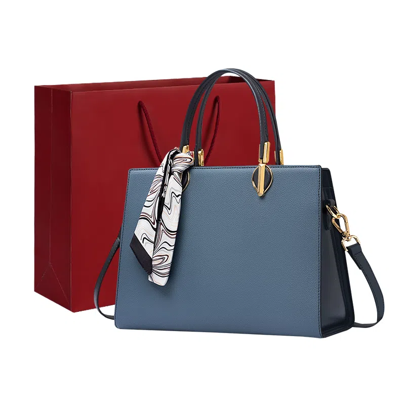 老人头 高级简约百搭 牛皮拼合成革 手提包单肩包 女 蓝色