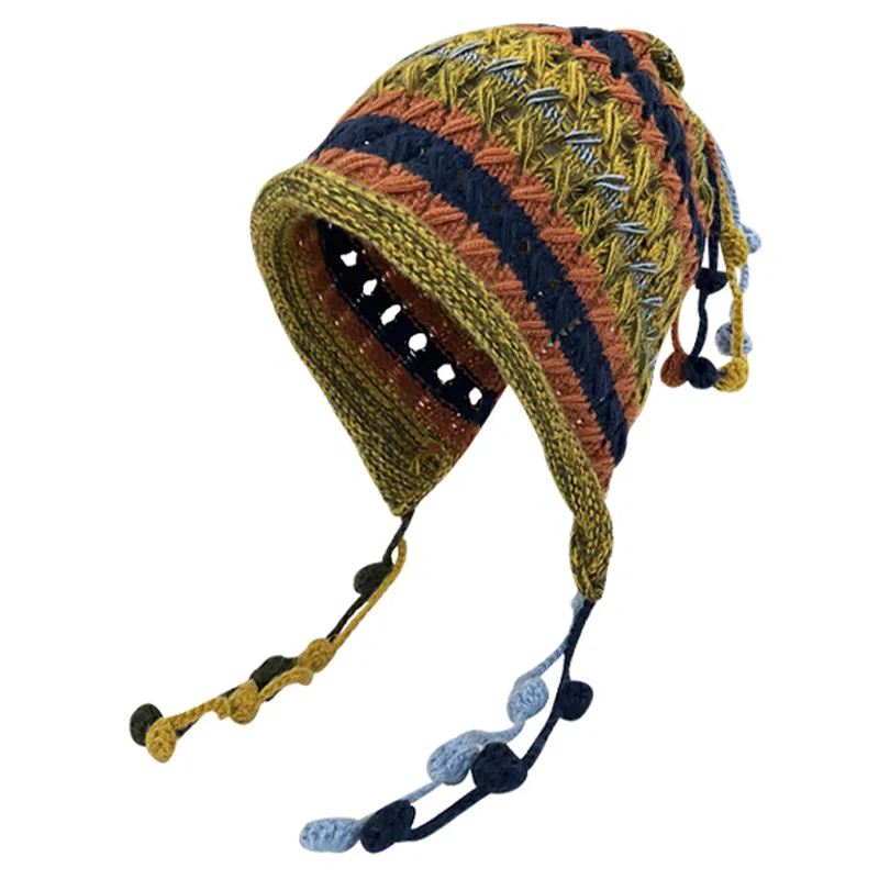 浪莎 日系流苏彩色帽子多巴胺大头围遮脸民族风秋冬手工 腈纶 针织帽 通用