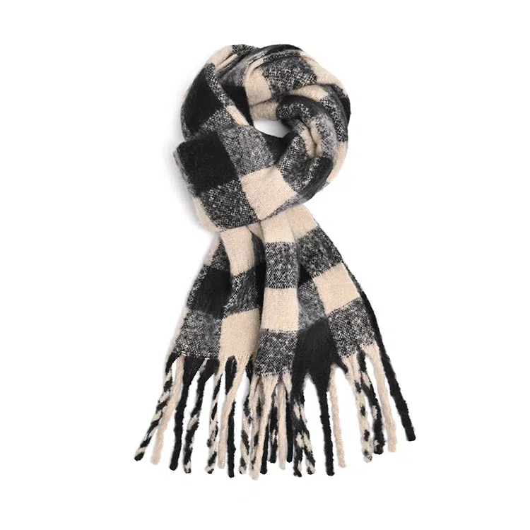 浪莎 超级氛围感马海毛流苏韩系加厚保暖格子仿羊绒 绒线围巾 通用