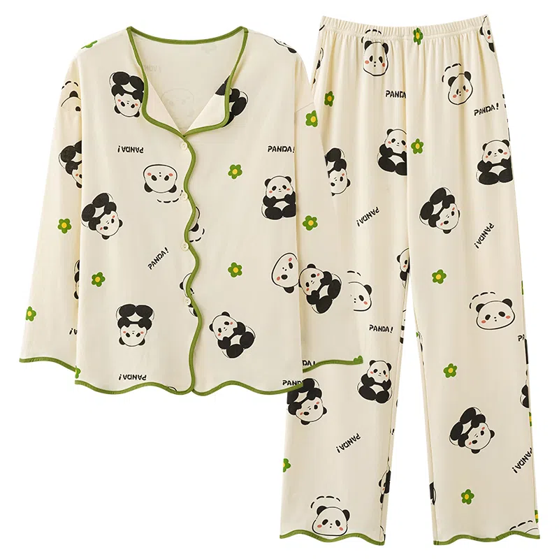 莫代尔 柔软亲肤卡通熊满印时尚长袖长裤开衫翻领家居服可外穿睡衣套装 女款 杏色