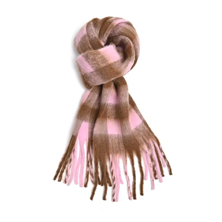 浪莎 超级氛围感马海毛流苏韩系加厚保暖格子仿羊绒 绒线围巾 通用