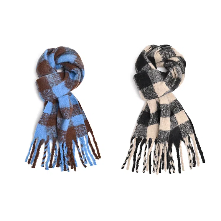 浪莎 超级氛围感马海毛流苏韩系加厚保暖格子仿羊绒 绒线围巾 通用