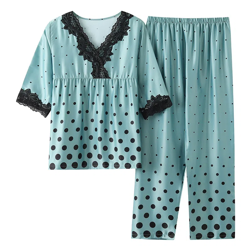 莫代尔 简约优雅亲肤柔软小清新七分袖休闲可外穿长裤睡衣套装 女款 孔雀绿