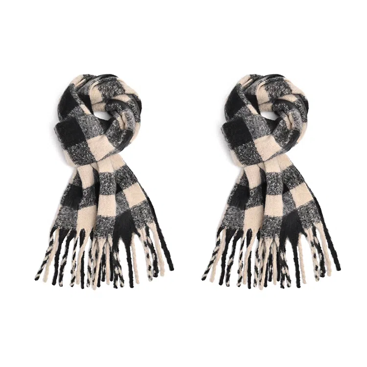 浪莎 超级氛围感马海毛流苏韩系加厚保暖格子仿羊绒 绒线围巾 通用