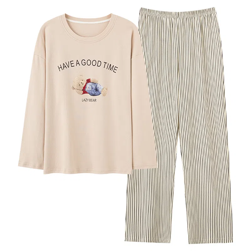 莫代尔 圆领简约舒适卡通长袖上衣条纹松紧腰长裤睡衣套装 女款 杏色