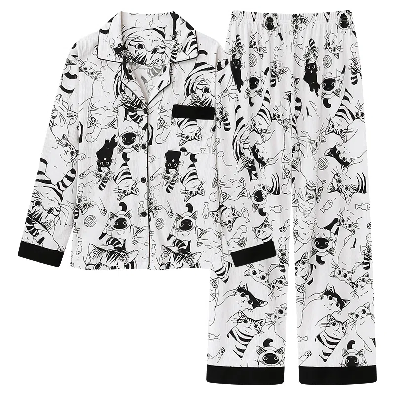 莫代尔 简约卡通满印甜美时尚亲肤舒适开衫翻领长袖可外穿休闲长裤睡衣套装 女款 杏色