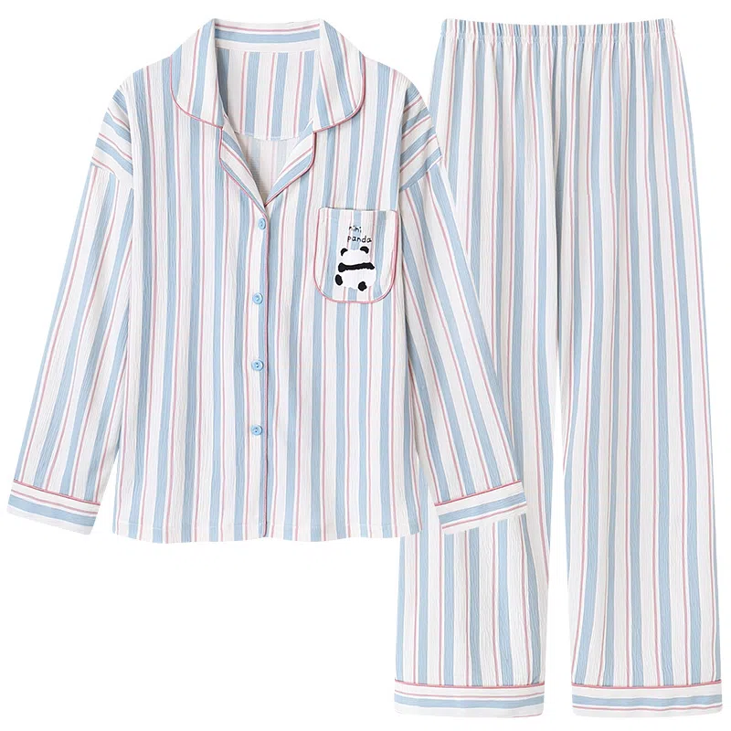 莫代尔 简约条纹满印甜美时尚亲肤舒适长袖长裤开衫翻领家居服可外穿睡衣套装 女款 粉蓝色