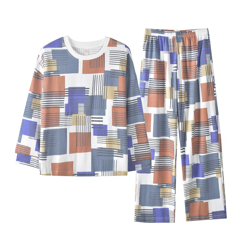 莫代尔 简约花色亲肤柔软微弹吸湿排汗宽松舒适细腻透气长袖长裤可居家休闲可外穿睡衣套装 女 白色