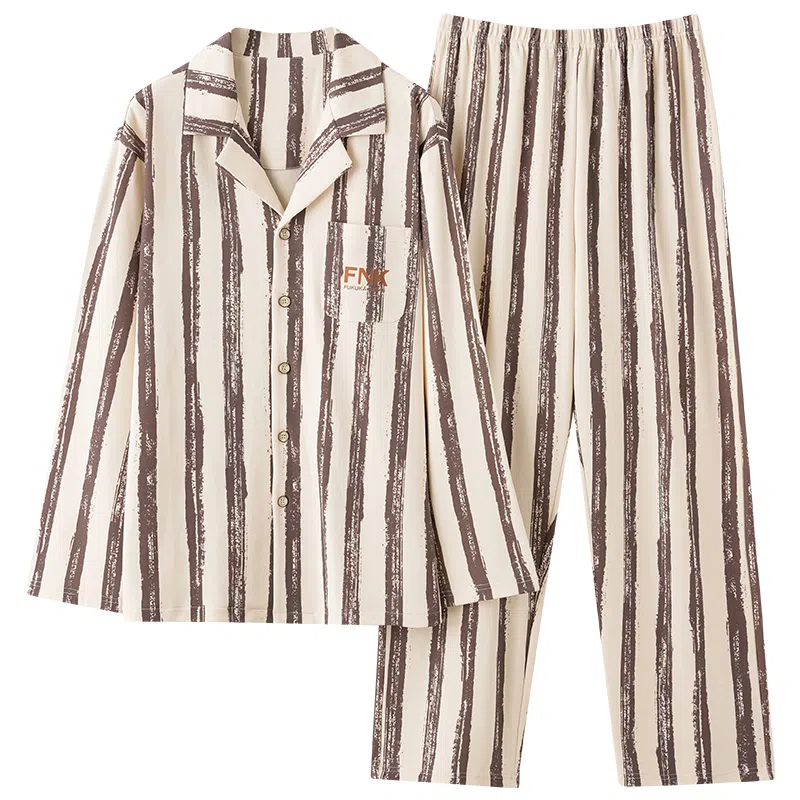 莫代尔 简约透气时尚轻柔亲肤翻领长袖长裤家居服睡衣套装 男 杏色