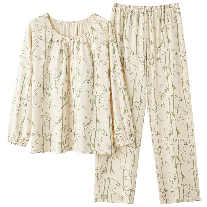 莫代尔 柔软轻盈青春透气简约微弹亲肤长袖长裤可外穿家居服睡衣套装 女款 杏色