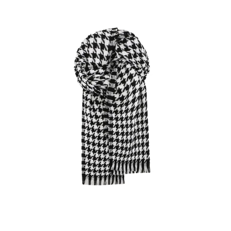 梦特娇 秋季薄款千鸟格流苏 仿羊绒 绒线围巾 男女同款情侣款