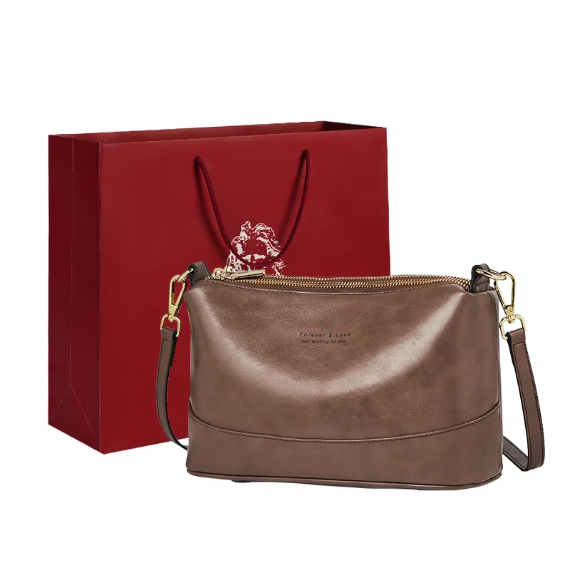 老人头 包包女士复古百搭通勤中年妈妈款简约实用大气 牛皮拼合成革 单肩斜挎包 小号 女款 啡色