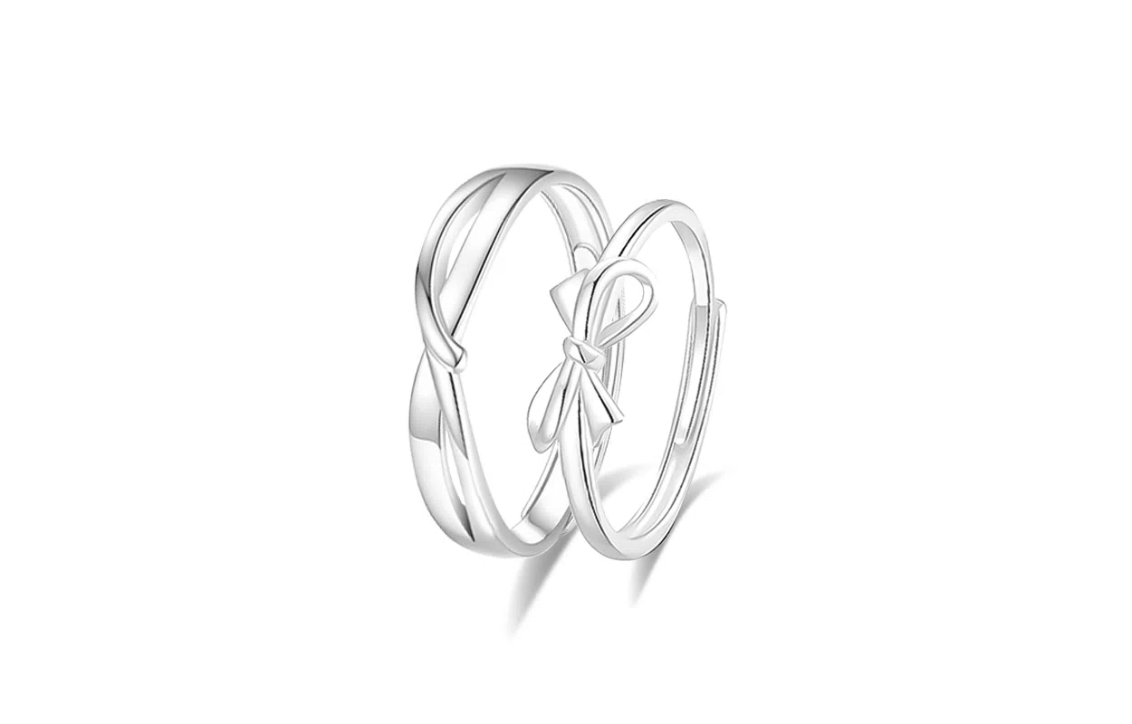 牧言 冷淡风森系简约小众设计高级感 光面立体莫比乌斯素圈蝴蝶结对戒可调节指环 合金 爱情誓言戒指 男女同款情侣款