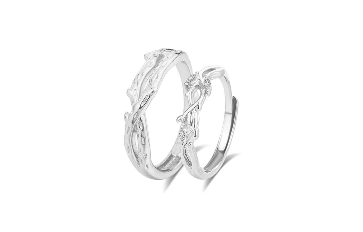 牧言 冷淡风简约小众设计高级感 光面素圈交织树枝水滴对戒可调节指环 合金 连理枝戒指 男女同款情侣款