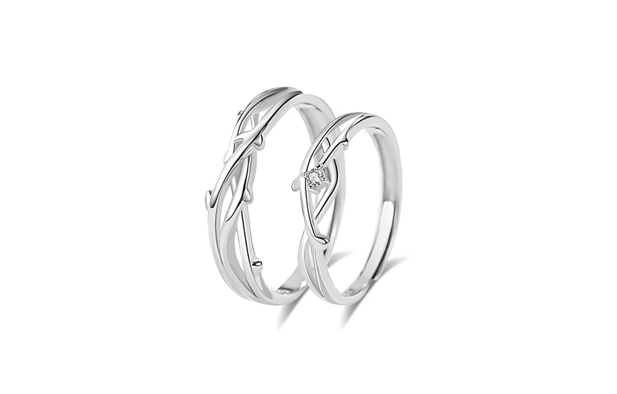 牧言 冷淡风简约小众设计高级感 光面镂空交织素圈对戒可调节指环 合金 荆棘藤蔓戒指 男女同款情侣款