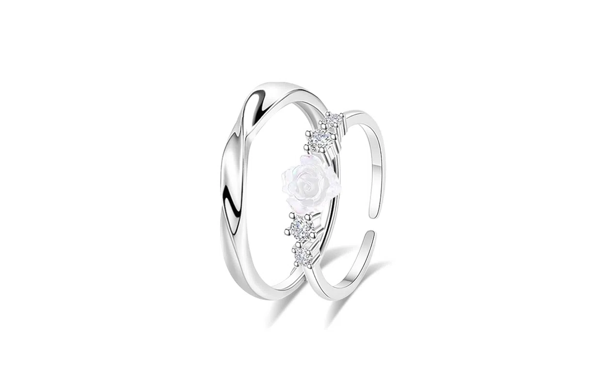 牧言 冷淡风气质简约小众设计高级感 光面立体素圈花朵星星对戒可调节指环 合金 莫比乌斯山茶花戒指 男女同款情侣款