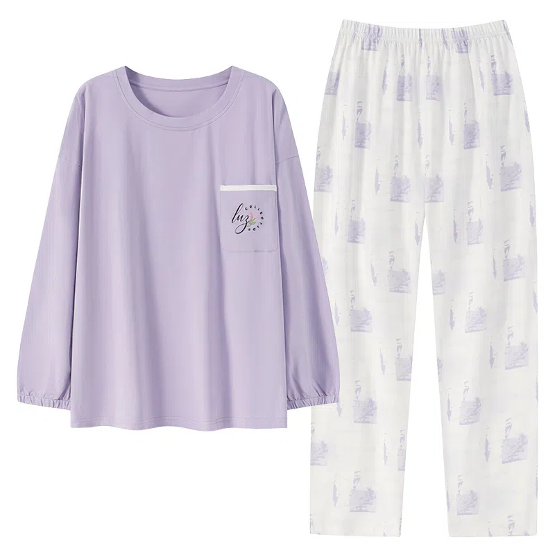 莫代尔 字母印花口袋圆领上衣亲肤柔软透气长裤睡衣套装 女款 淡紫色