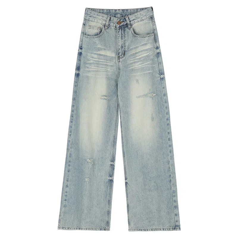 莫代尔 高街水洗破洞宽松阔腿长裤牛仔裤 女款 复古蓝
