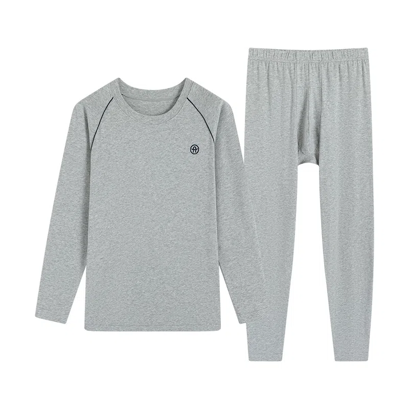 贴身领域 纯棉时尚可外穿圆领抗菌长袖秋衣秋裤打底衫青少年青年保暖内衣套装 男款