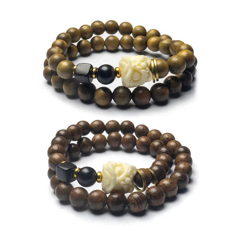 周帝王 高品质 吉祥佛珠文玩盘串珠 新中式国风双层素圈小众平安招财纳福转运 檀木 双圈手串 男女同款情侣款 檀木