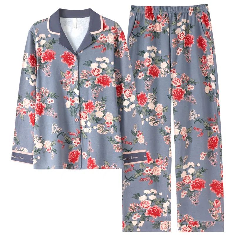 莫代尔 花卉满印翻领开衫长袖长裤亲肤舒适可外穿睡衣套装 女款 雾蓝色