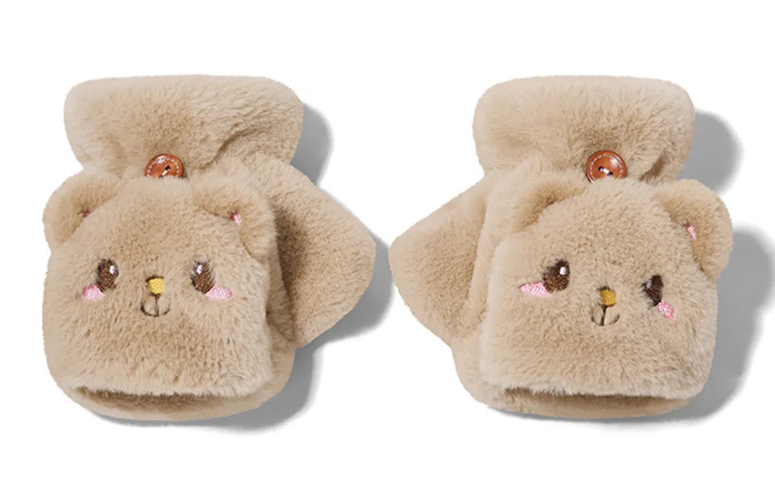 优幽兰 半露指可爱毛绒防风防寒户外骑车保暖加厚露指可翻盖 设计感卡通学生穿搭护手 绒线手套 女款