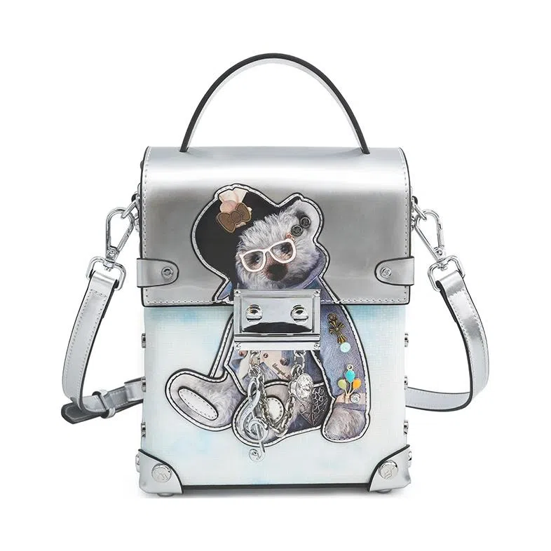 蒽薆 小熊 牛皮拼超纤 手机包 女款 银蓝色