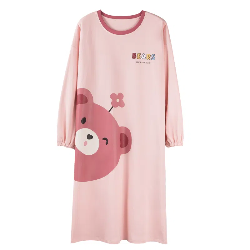 莫代尔 轻盈耐磨微弹吸湿排汗透气柔软细腻舒适亲肤可居家休闲可外穿长袖睡裙套装 女款 粉色