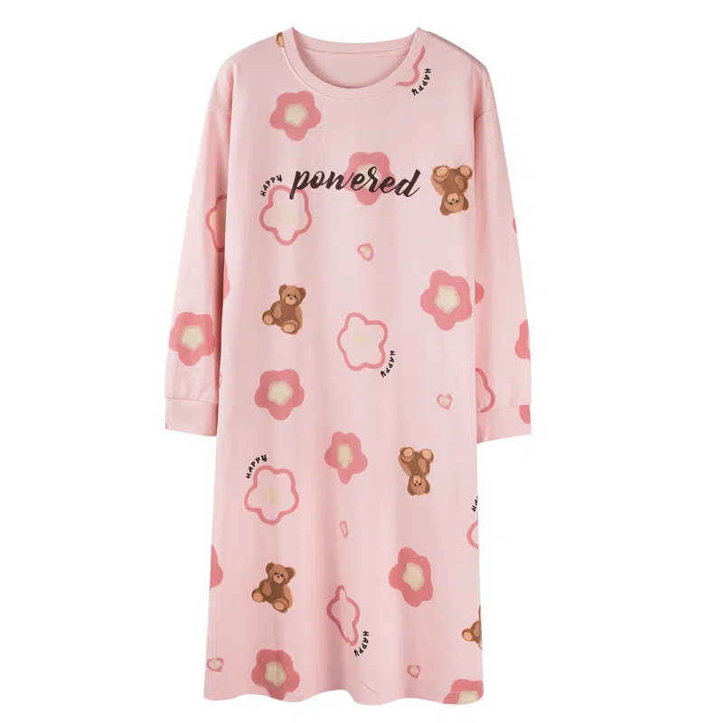 莫代尔 纯棉透气轻盈耐磨亲肤微弹吸湿排汗柔软细腻舒适可居家休闲可外穿长袖睡裙 女款 淡粉色