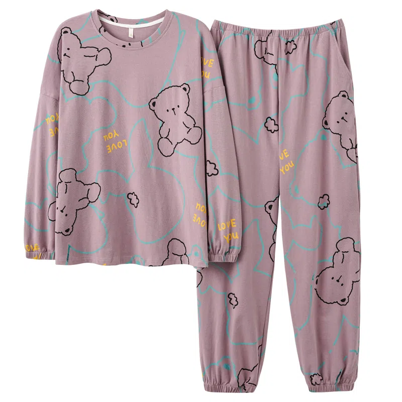 莫代尔 圆领简约舒适字母长袖上衣松紧腰长裤睡衣套装 女款 灰紫色