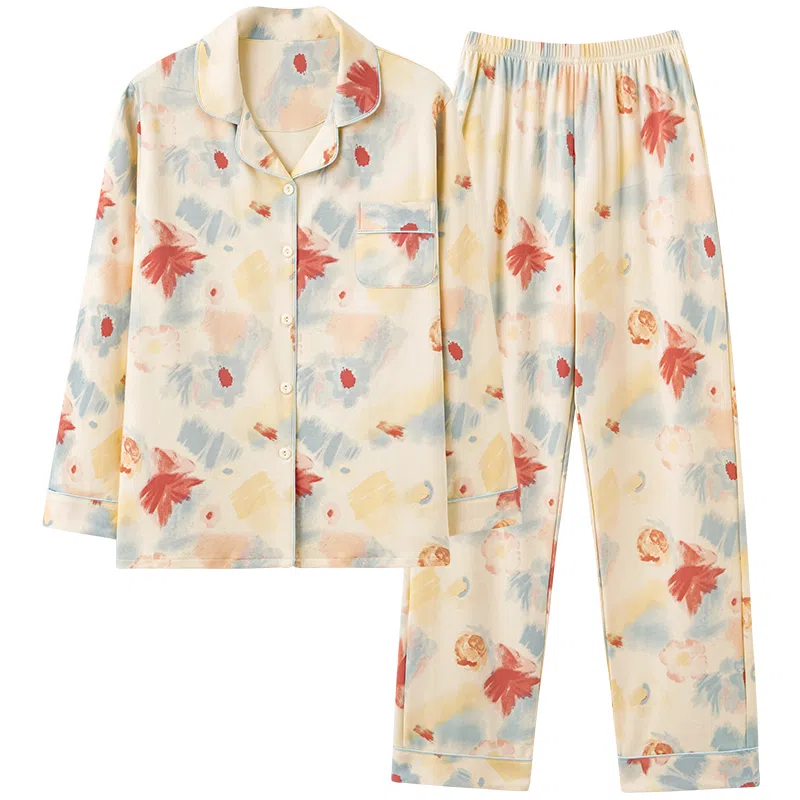 梦特娇 枫叶长袖长裤翻领开衫家居服 休闲风精致高级感亲肤舒适纯棉保暖上衣可外穿睡衣套装 秋冬季 女款 两件套 米黄色