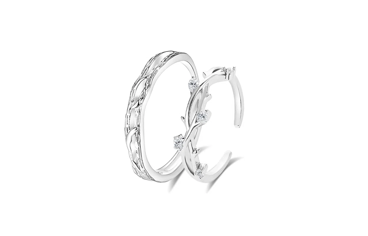 牧言 冷淡风简约小众设计高级感 镂空交织树枝荆棘花环对戒可调节指环 合金 连理枝戒指 男女同款情侣款