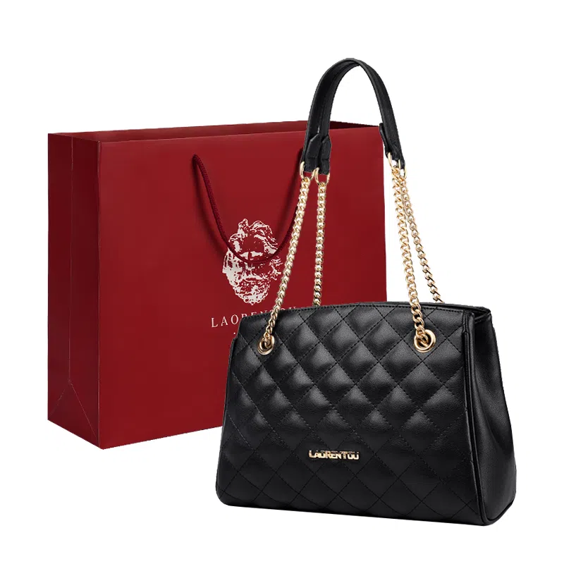 老人头 菱格链条包时尚百搭手提手拎通勤包上班中年妈妈款四季通用简约腋下包 牛皮 单肩包斜挎包 中号 女款 黑色