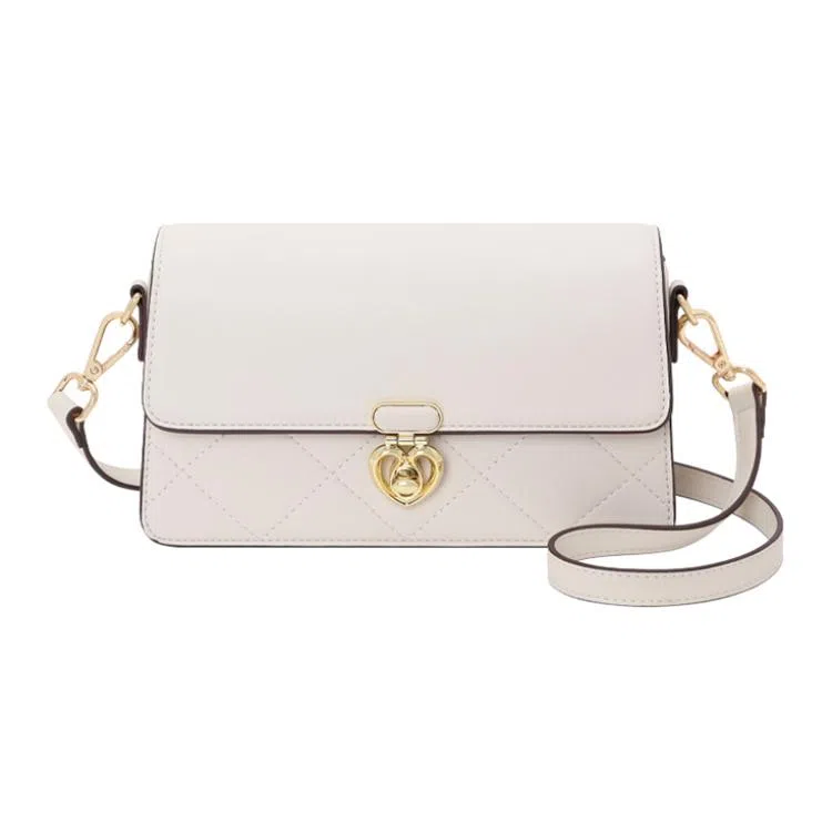 啄木鸟 时尚简约金色金属配件 牛剖层皮革拼合成革 斜挎单肩包 小号 女款 米白色