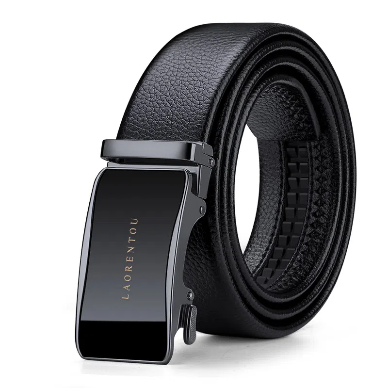 老人头 镜面扣头摔纹纹理自动扣 头层牛皮 皮带 男款 黑色