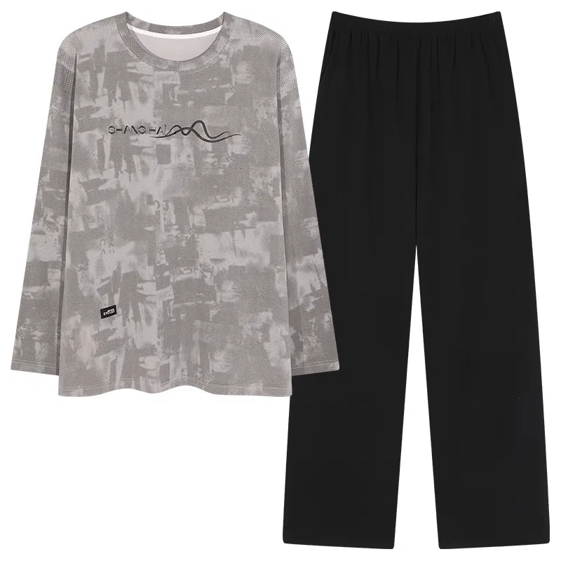 莫代尔 韩版时尚亲肤柔软透气舒适休闲居家可外穿圆领长袖长裤睡衣套装 男款 灰色