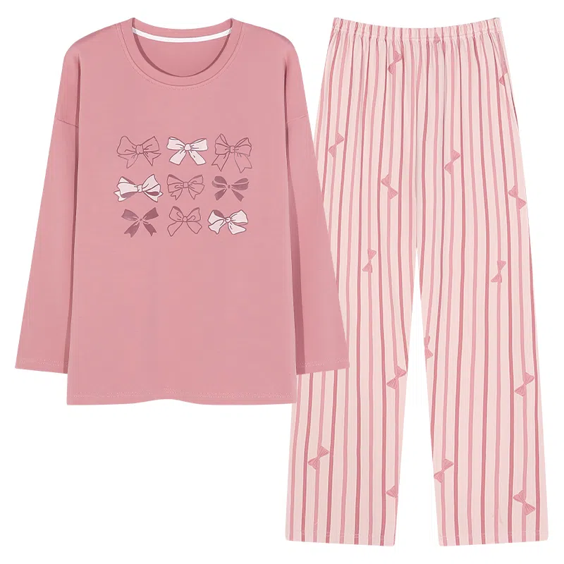 莫代尔 韩版细腻柔软温柔亲肤舒适透气一体式自带胸垫不跑杯套头长袖休闲宿舍可外穿长裤睡衣套装 女款 粉红色