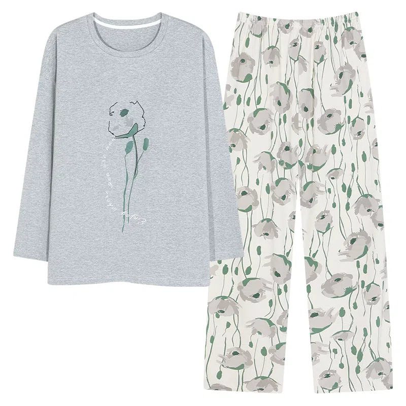 莫代尔 小清新长袖长裤带胸垫简约时尚柔软舒适透气居家可外穿睡衣套装 女款 图色