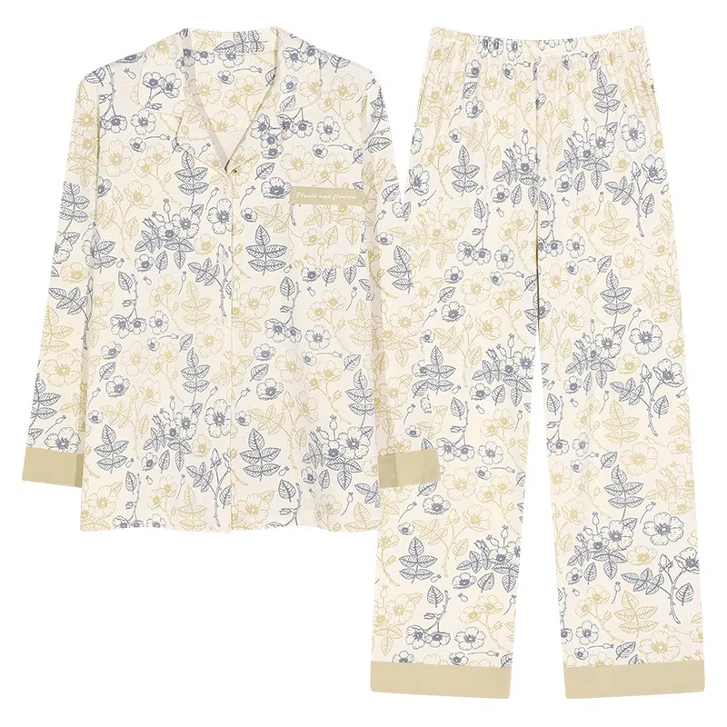 莫代尔 小清新时尚亲肤透气细腻柔软舒适开衫翻领长袖可外穿春秋季睡衣套装 女款 杏色