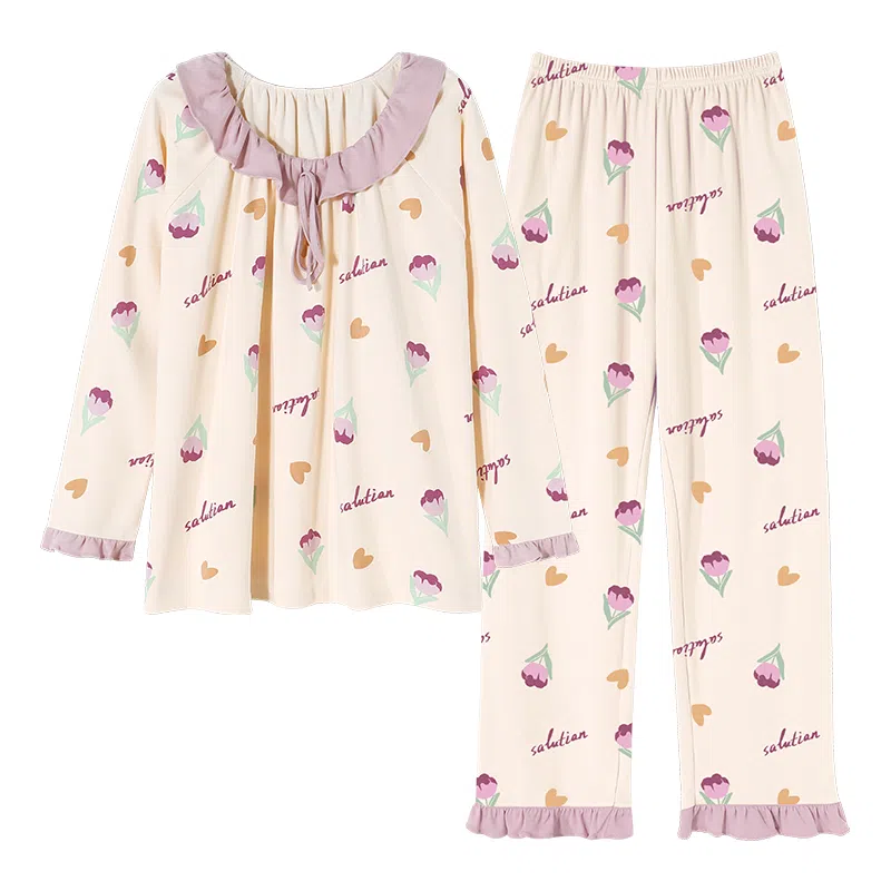 莫代尔 吸湿排汗微弹亲肤耐磨细腻舒适柔软透气可居家休闲可外穿长袖长裤睡衣套装 女款 杏色