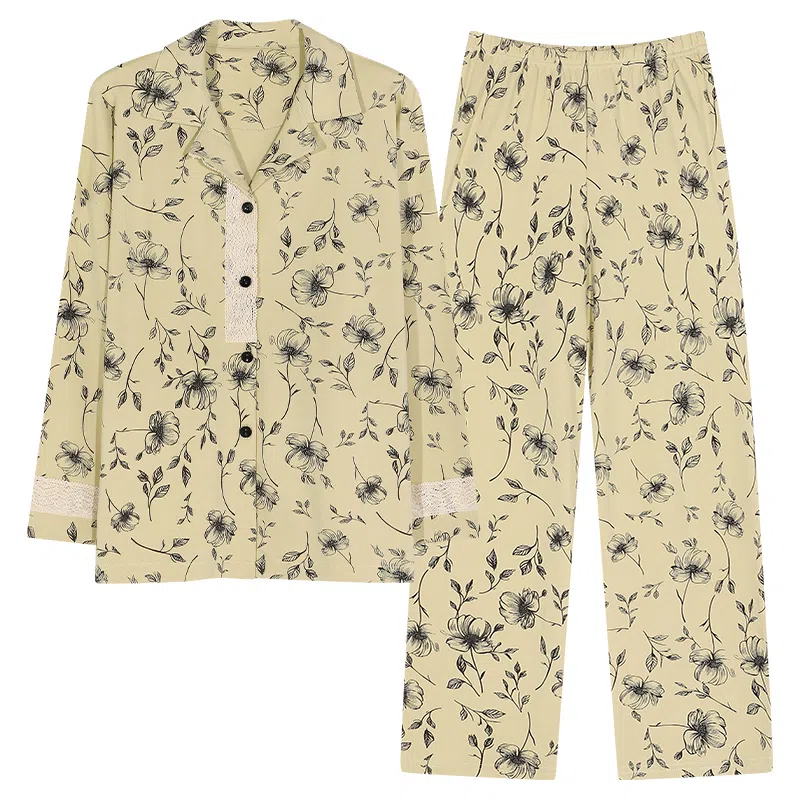 莫代尔 亲肤透气柔软舒适开衫长袖长裤睡衣套装 女款 抹茶色